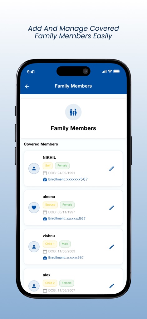 Norka Care Plus - This tool allows users to efficiently manage multiple "Covered Members" within their policy, displaying key details like "DOB" and relationship for each family member.