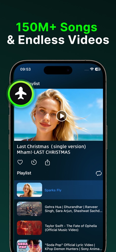 Offline Music, MP3 Player - O aplicativo apresenta uma vasta biblioteca de conteúdo, como evidenciado pela indicação de "150M+ Songs & Endless Videos" (150M+ Músicas e Vídeos Infinitos), juntamente com uma playlist de vídeos musicais no telefone.