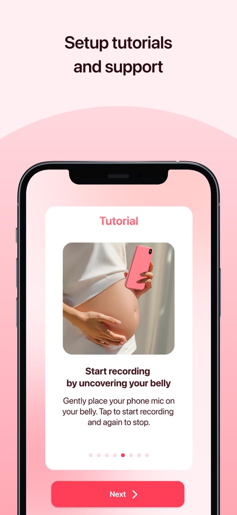 My Baby Heart Sounds App - The app provides clear, step-by-step tutorial cards, visually demonstrating correct phone placement on the belly to ensure optimal recording results.