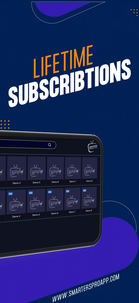 Smarters IPTV Pro - A galeria destaca uma ampla seleção de conteúdo disponível, com múltiplos itens como "Demo 1" e "Demo 2" prontos para serem descobertos pelos usuários.