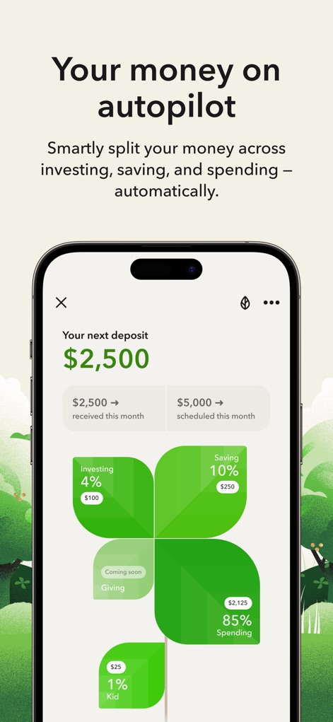 Acorns: Invest For Your Future - 次の入金額が表示され、クローバー型の図で投資、貯蓄、支出、子供用口座への資金配分が視覚的に表現されています。