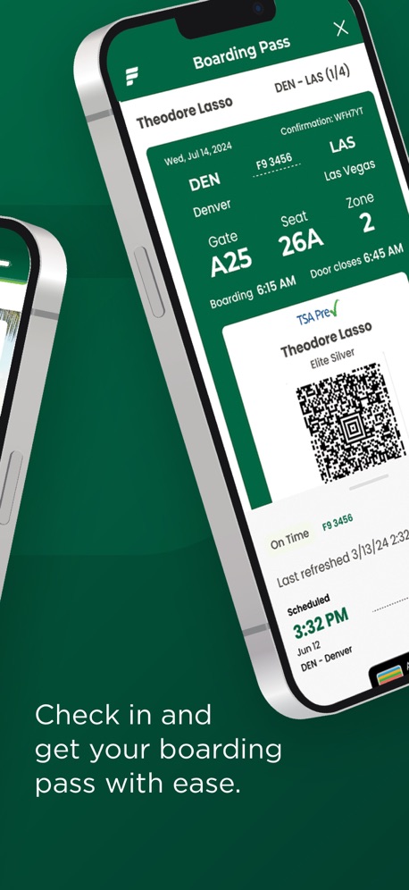 Frontier Airlines App Store screenshot 2, headline “Check in and get your boarding pass with ease.”. Dark.