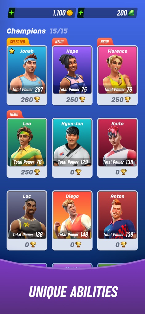 Tennis Clash：Sports Stars Game - Browse a diverse selection of champions, each highlighted with their unique power stats and unlock costs.