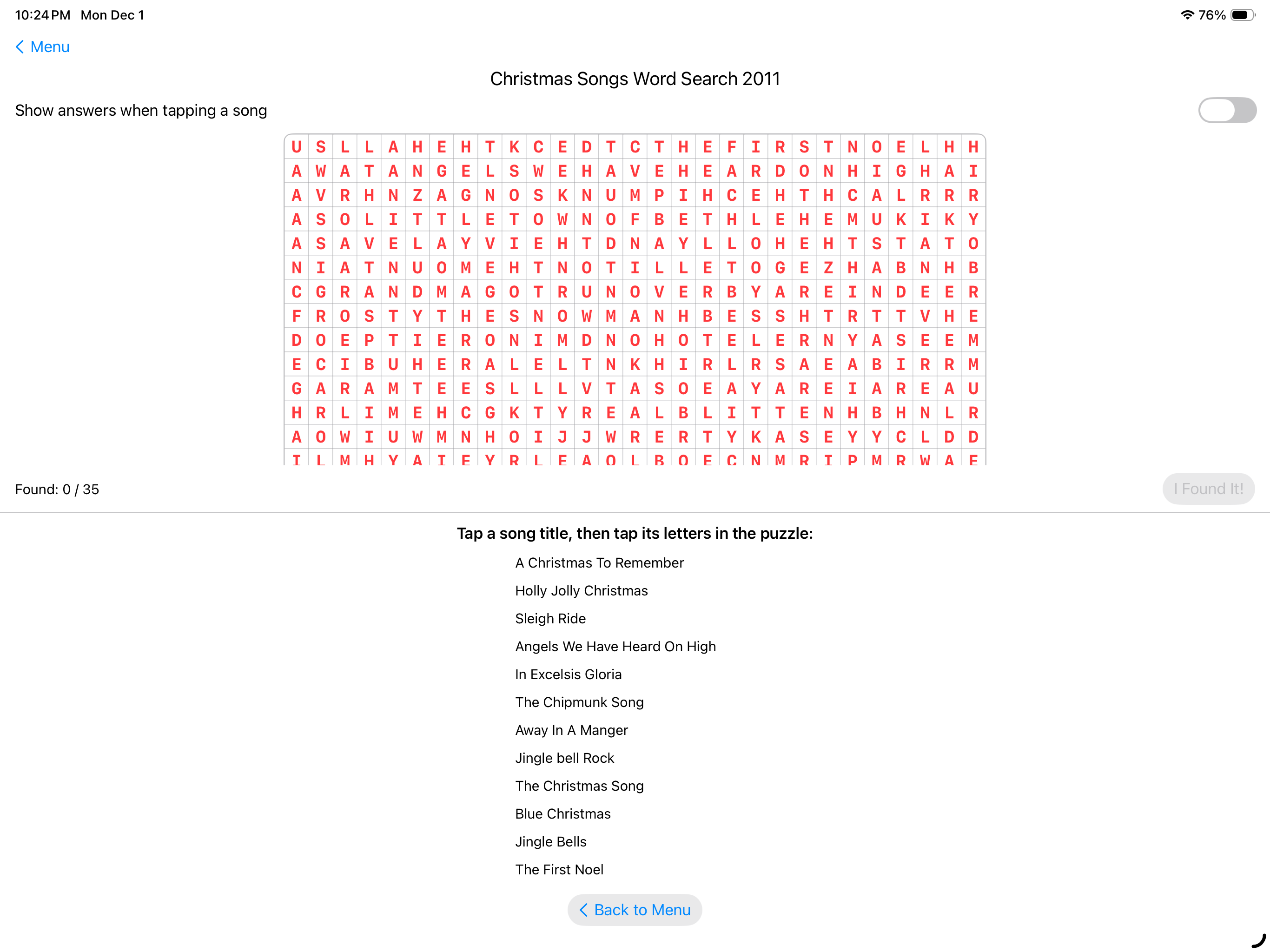 Christmas Song Word Search