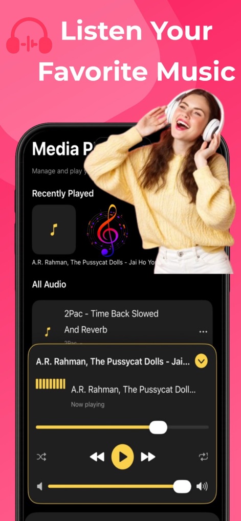 Tubidy Fm : Offline MP3 Player - The app features an intuitive music player with essential playback controls and a visually appealing album art display for an enriched listening experience.