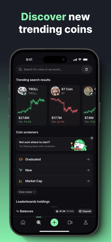 pump.fun: Meme Coins - Find new opportunities through comprehensive search results and utilize advanced 'Coin screeners' to filter assets by categories like 'New' or 'Market Cap'.