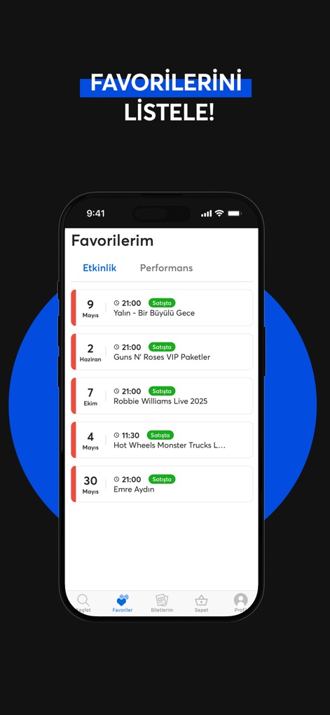 Biletix - The app empowers users to curate a 'Favorilerim' list for easy access to desired events and provides real-time updates on event status, including specific dates and 'Satışta' availability.