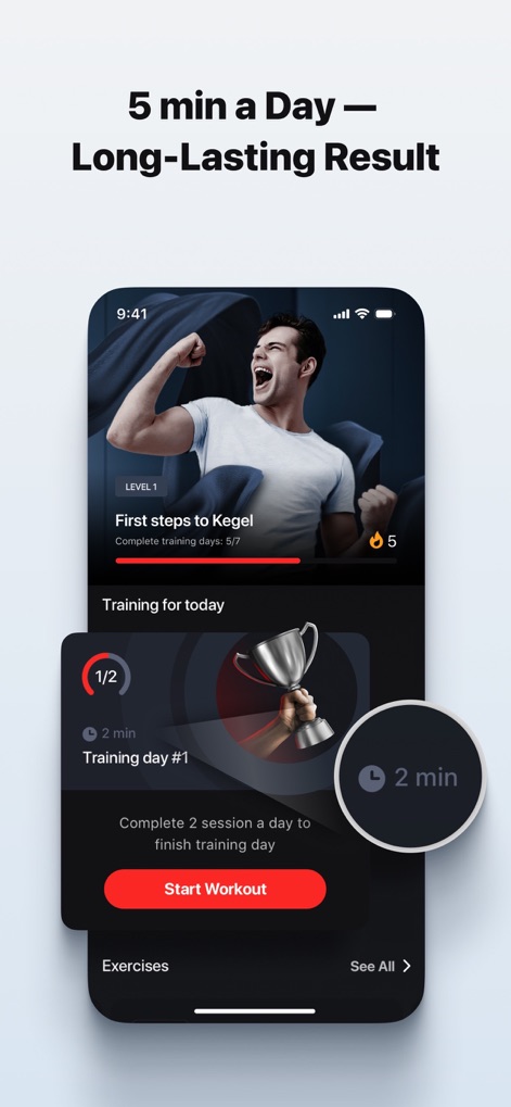 Dr. Kegel: For Men’s Health - Explore the app's core Kegel Training Plan, highlighting the structured 'Training for today' sessions and the convenient '5 minutes a day' commitment for users.