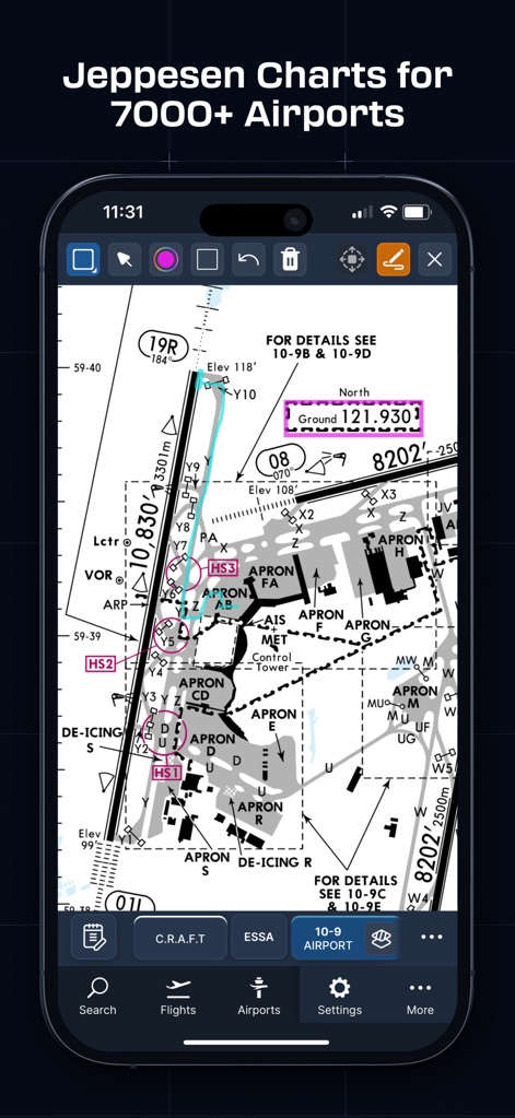 Navigraph Charts - The app offers interactive Jeppesen airport charts, enabling users to precisely annotate and mark critical details directly on the diagram for personalized flight preparation.