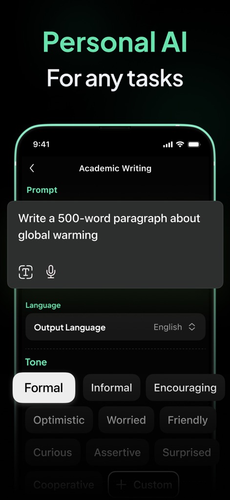 AI Chatbot - Ask Me Anything - This app supports personalized content generation, allowing users to specify tasks like Academic Writing and refine the output with various tone options.