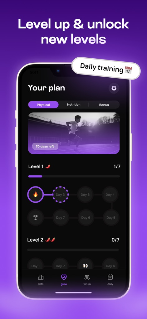 Taller - Maximize your height - The app visualizes the growth journey with "Level 1" and "Level 2" progression, offering different categories like "Physical" and "Nutrition" within "Your plan" to keep users engaged.