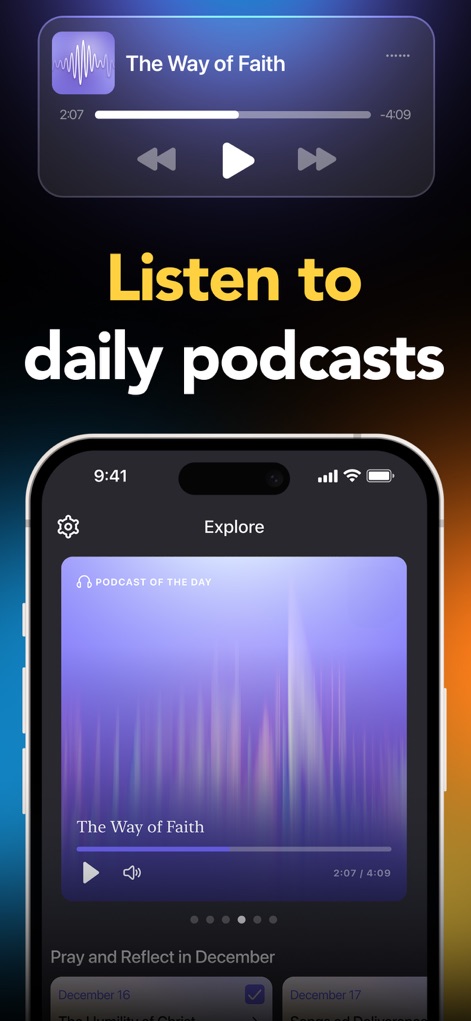 Faithe: Bible Videos & Study - The app features daily audio podcasts accessible via a clean player interface, complete with a progress bar and intuitive playback controls for on-the-go listening.