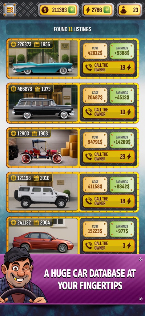 Cars Dealer Simulator - La galleria mostra la vasta gamma di auto disponibili, con ogni inserzione che presenta il suo "Costo" e i "Guadagni potenziali" per aiutare i giocatori a identificare rapidamente affari vantaggiosi.