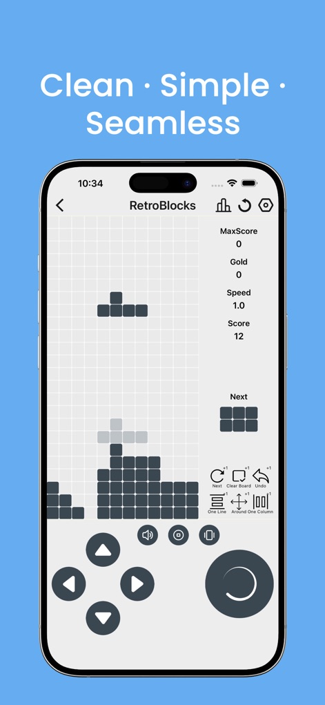 Heso:2048,Sudoku,Minesweeper - Esta captura muestra el modo de juego RetroBlocks con bloques cayendo en la cuadrícula y controles intuitivos en pantalla para manipular las piezas.