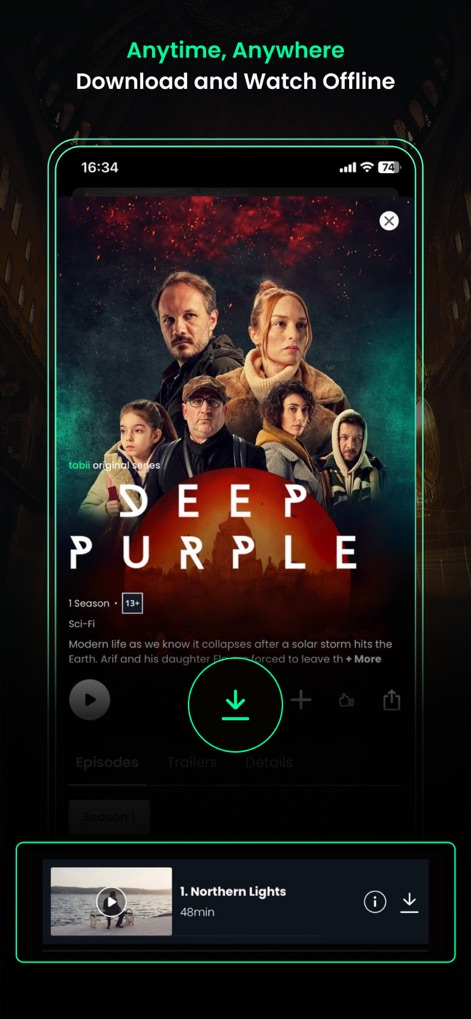 tabii - Nutzer haben die Möglichkeit, Inhalte wie die Serie „Deep Purple“ herunterzuladen, wobei eine Vorschau der heruntergeladenen Episode am unteren Bildschirmrand sichtbar ist.