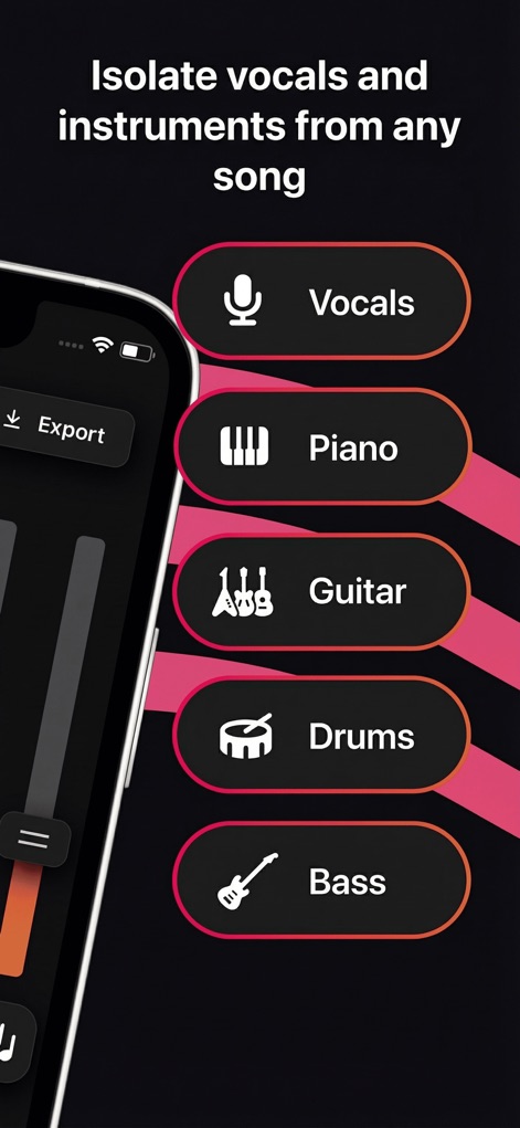 Stemz: remover vocal audio pro - A interface ilustra opções claras para isolar elementos específicos como 'Vocais' e 'Bateria', capacitando os usuários a focar ou remover partes distintas de qualquer música.