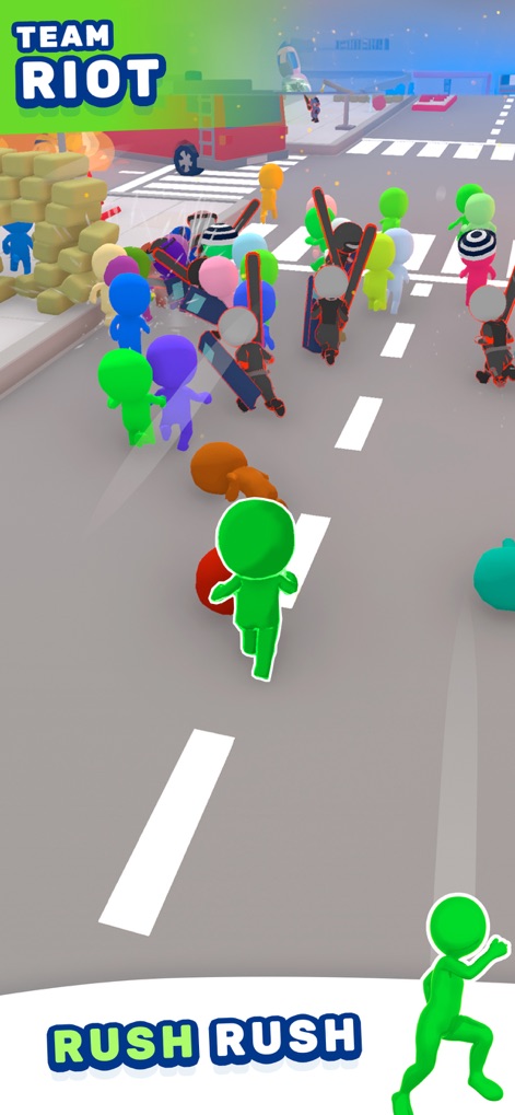 Riot Escape - Follow the 'TEAM RIOT' experience as a determined rioter navigates through a cityscape filled with various obstacles, including barricades and overturned cars.