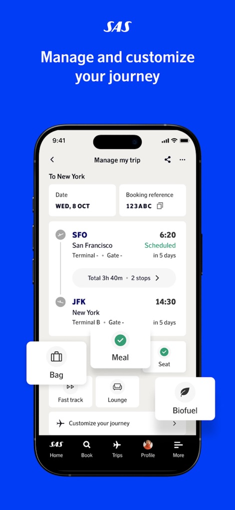 SAS – Scandinavian Airlines - Users can personalize their travel experience by easily managing flight details from SFO to JFK and adding extras such as "Lounge" access or selecting "Biofuel" options.