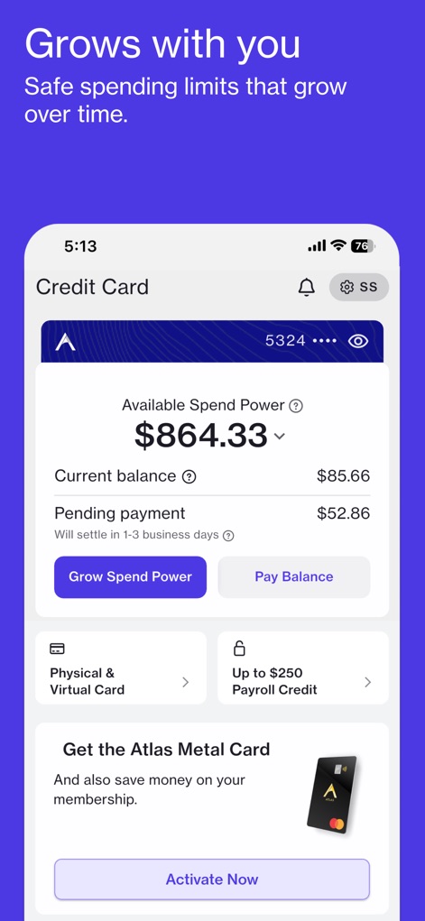 Atlas - Rewards Credit Card - The app displays the user's available spend power and offers options to manage both physical and virtual cards.