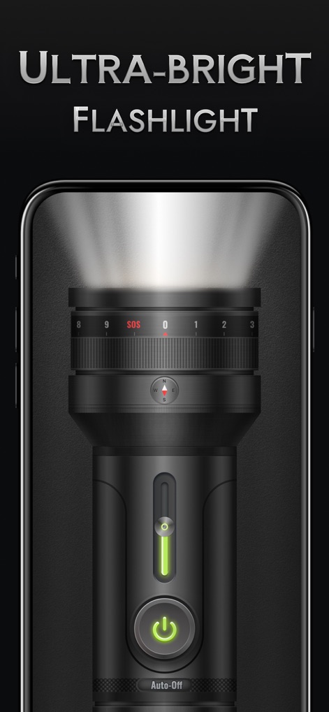 Flashlight◉ - Magnifying Glass - Die App zeigt eine digitale Taschenlampe mit einem hellen Lichtstrahl (X) und einer SOS-Anzeige (Y) für Notsituationen.