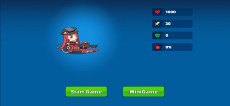 Future Guard - Review the hero preparation screen, displaying key character statistics such as "Heart" and "Sword" attributes, alongside the "Start Game" and "MiniGame" buttons.