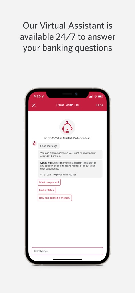 CIBC Mobile Banking - The integrated 'Virtual Assistant' offers 24/7 support, presenting conversational options like 'What can you do?' and a text input field for direct queries.