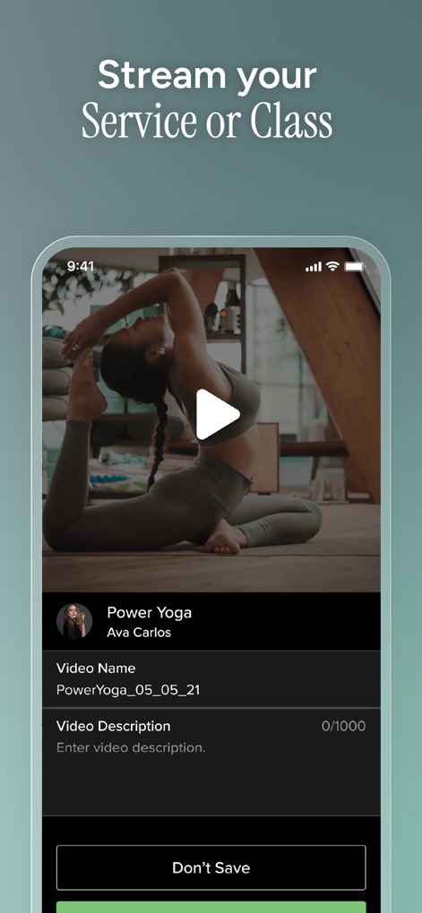 Vagaro Pro - The app supports live streaming services or classes, exemplified by a 'Power Yoga' session with a prominent play button and a dedicated 'Video Description' area.