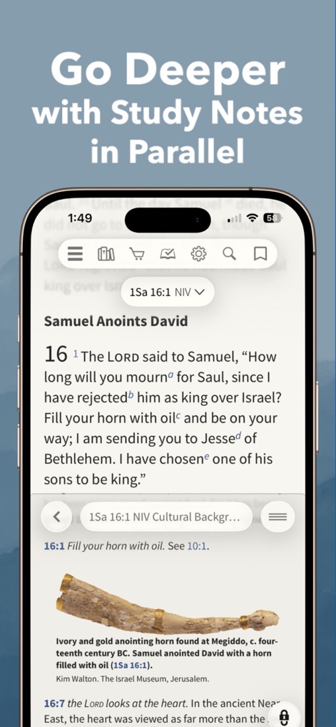 NIV Bible App + - The app offers an integrated parallel study panel, displaying in-depth cultural background notes and relevant images alongside the scripture.
