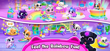 FLOOF - My Pet House - This scene showcases the extensive house decoration options, featuring rainbow-themed furniture and numerous interactive pet toys, creating a lively play space.