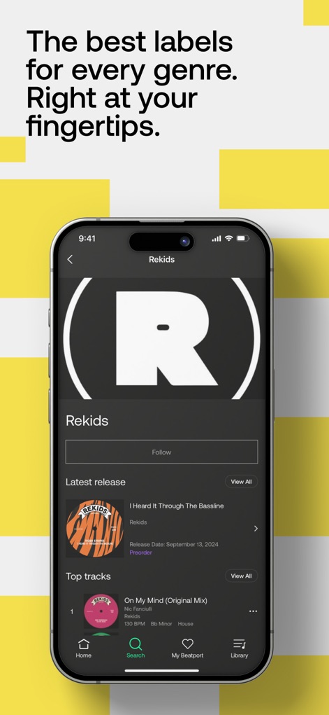 Beatport: Music for DJs App - Esta seção permite aos usuários explorar selos como "Rekids", oferecendo a opção de "Seguir" para atualizações e destacando lançamentos recentes, como "I Heard It Through The Bassline".