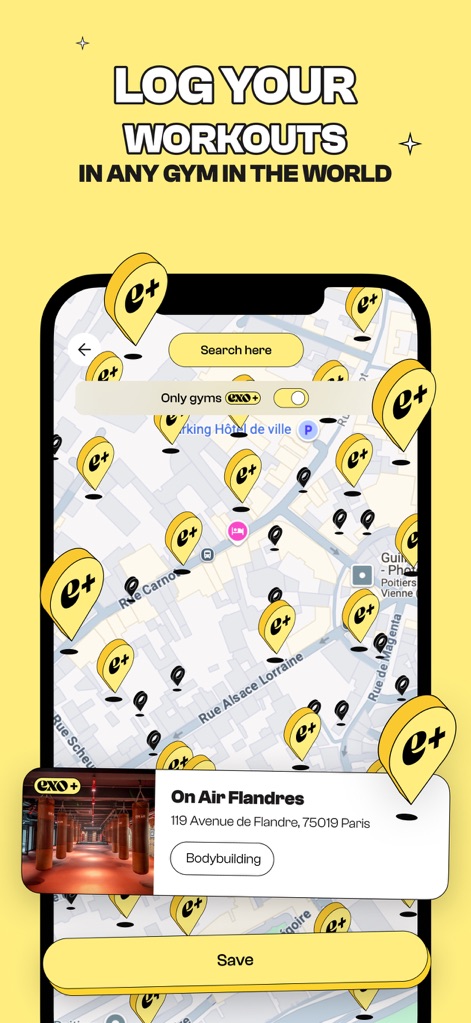 EXO – Sport, Cash & Rewards - This tool provides an interactive map interface, showcasing thousands of compatible gym locations, complete with detailed information cards for each gym, such as 'On Air Flandres'.