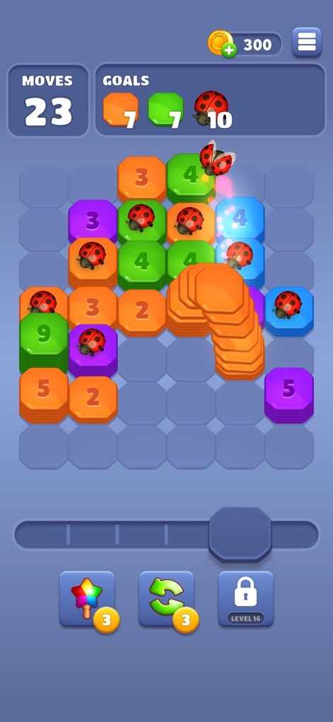Throw Blocks! - Experience the interactive process of strategic block merging and the visual sparkle of ladybug blocks, complemented by accessible power-up buttons.