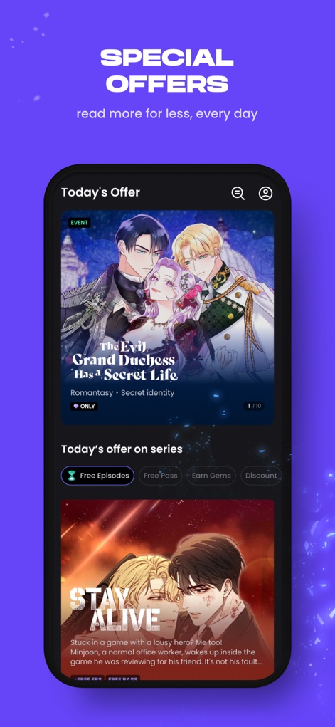Manta - Manhwa, Comics, Novels - Users can explore the "Today's Offer" section, showcasing featured series like "The Evil Grand Duchess Has a Secret Life" and offering flexible reading options including "Free Pass" and "Free Episodes".