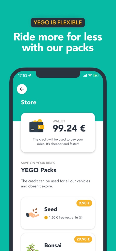 YEGO Mobility - This screen reveals the app's flexible pricing, showing the "Wallet" balance and the advantageous "YEGO Packs" for cost-effective rides.