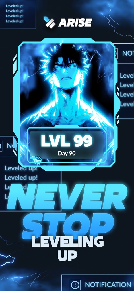 Arise: Level Up In Real Life - Witness the dramatic level-up animation and the triumphant "Lvl 99" player achievement notification, celebrating significant milestones within the app.