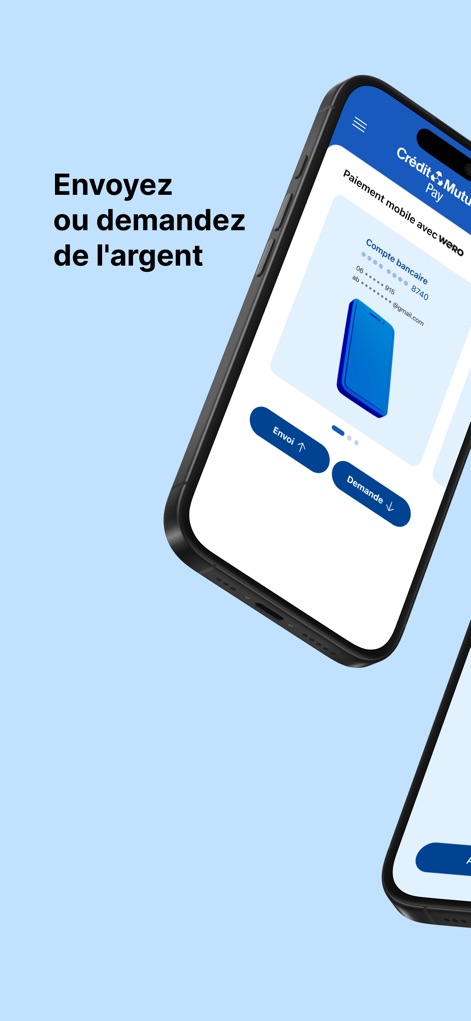 Crédit Mutuel Pay virements - Explore the main transaction interface, featuring clear 'Envoyer' and 'Demander' options and a concise bank account summary.