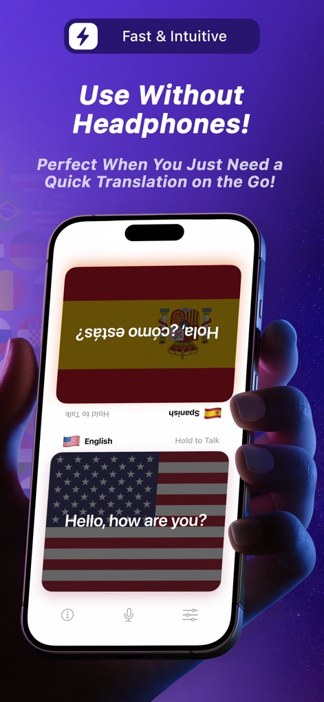 AirTranslator AirPod Translate - La aplicación permite la traducción sin auriculares, mostrando las frases "¡Hola, ¿cómo estás?" y "Hello, how are you?" en sus respectivas banderas para una comunicación instantánea.
