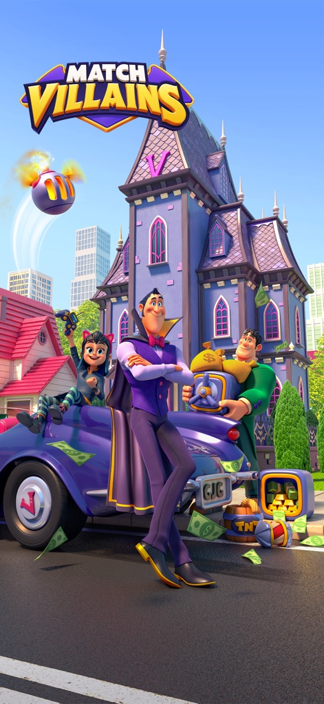 Match Villains - Immergez-vous dans le monde gothique et vibrant de 'Match Villains', avec la famille de cambrioleurs posant fièrement devant leur manoir et le logo distinctif de l'application.