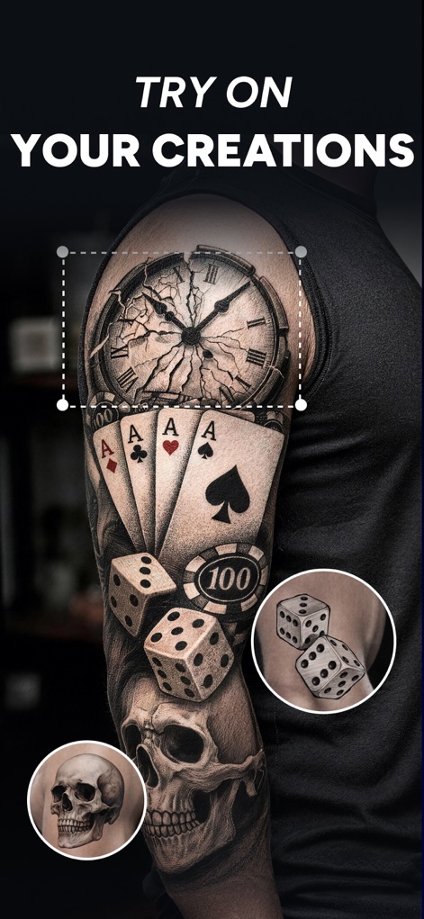 AI Tattoo Generator - INKDNA - Die App ermöglicht die virtuelle Anprobe komplexer Ärmeltattoos, indem Nutzer ein detailliertes Design aus Würfeln und Spielkarten auf ihrem Arm testen.