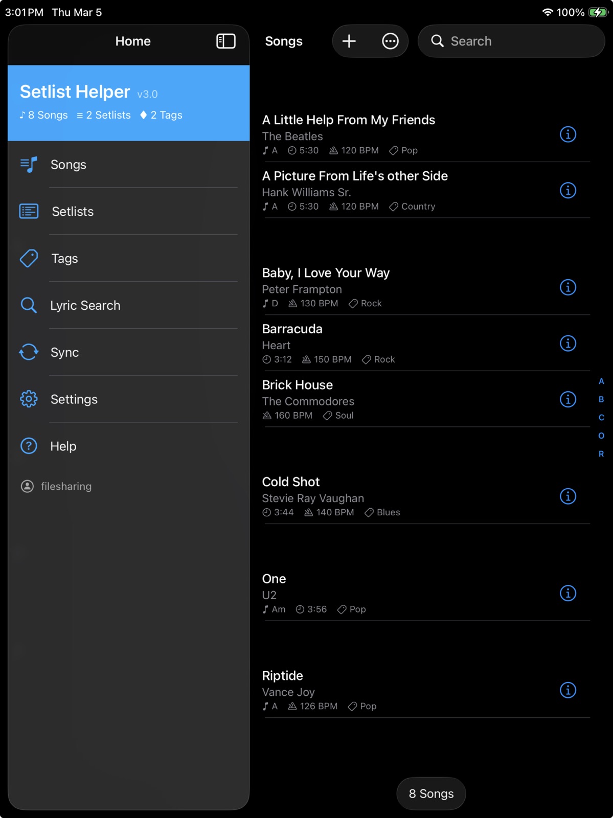 Setlist Helper ipad screenshot 1