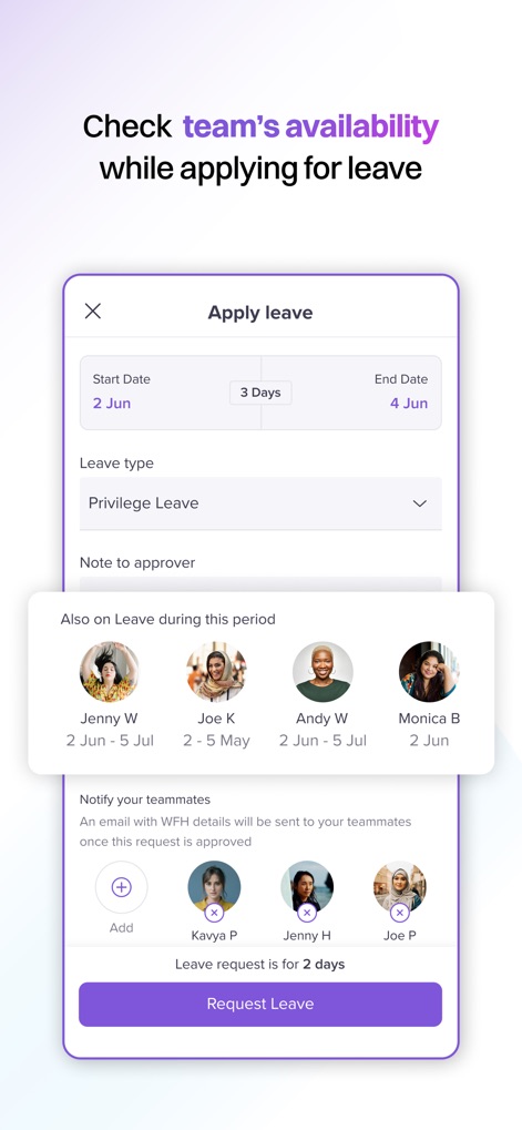 Keka HR - La pantalla de solicitud de ausencias optimiza el proceso, mostrando claramente los días de vacaciones disponibles y la disponibilidad de los compañeros de equipo durante el período solicitado.