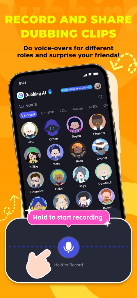 Dubbing AI - AI Voice Changer - This tool empowers users to record their voice-overs instantly using the 'Hold to Record' feature, choosing from a wide array of character voices presented in a clear grid.