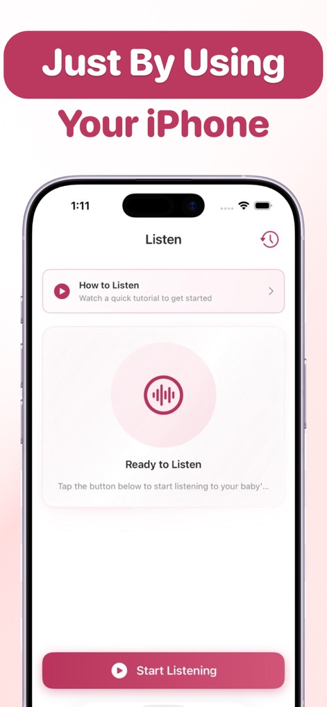 Pulsey: Hear My Baby Heartbeat - A interface "Listen" orienta o usuário através de um atalho para um tutorial "How to Listen" e apresenta um botão claro "Start Listening" para iniciar a experiência.