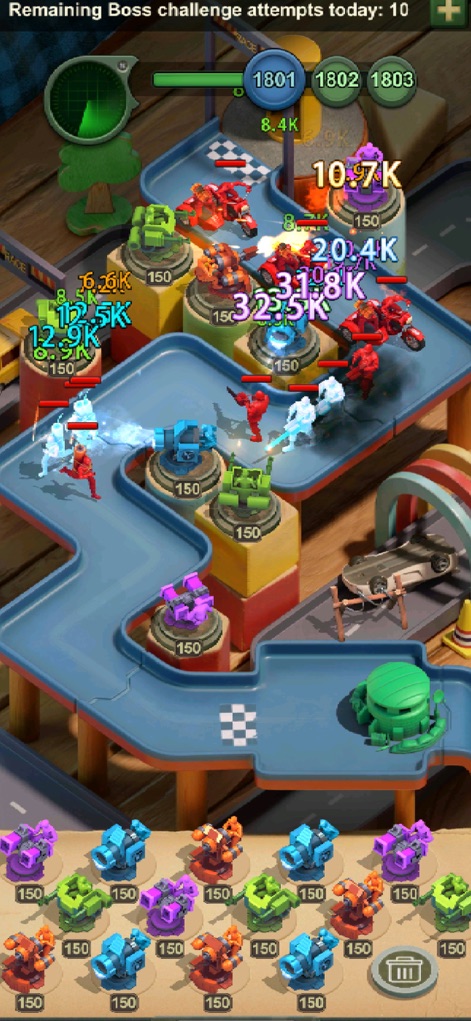 TOY WARS: Green Soldier Strike - This screenshot captures intense tower defense action, showcasing various colorful defensive turrets engaging enemy forces with visible damage indicators, alongside a selection tray for deploying new units.