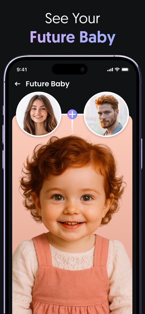 AI Video, Pic Generator・Filter - Nutzer können ihr zukünftiges Baby visualisieren, indem sie Fotos von zwei Erwachsenen eingeben und das KI-generierte Ergebnis als fröhliches Kleinkind präsentiert bekommen.
