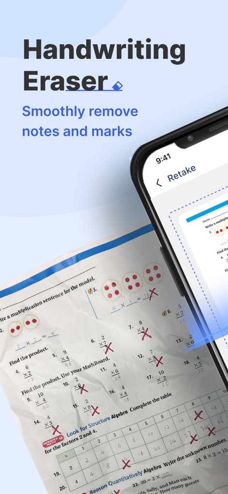 GradeUp: Homework Scanner - See how GradeUp: Homework Scanner instantly cleans up homework by removing handwritten answers and marks, enabling a pristine practice sheet for retakes.