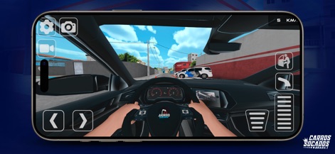 Carros Socados Brasil - A visão de cabine detalhada proporciona uma experiência de condução realista, complementada pelos controles de direção responsivos na tela, permitindo navegar pelo mapa brasileiro.