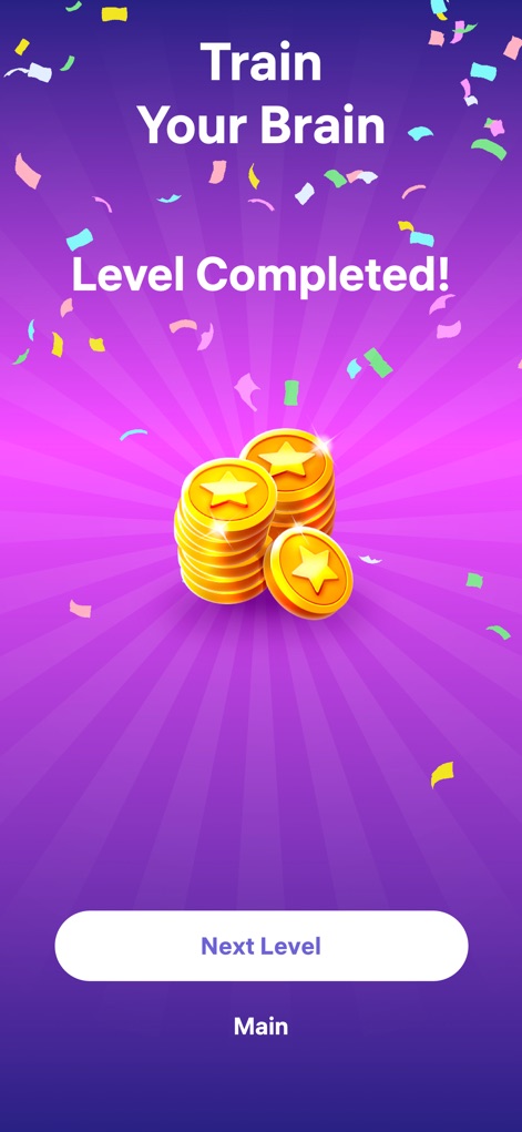 Number Tiles - Match Numbers - A tela de 'Nível Concluído!' celebra o sucesso do usuário, apresentando pilhas de moedas douradas como recompensa e a opção clara de 'Próximo Nível' para continuar a jornada.