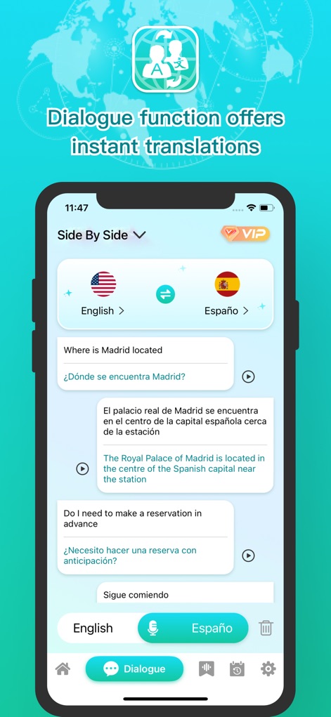 Live Translator:AI Translate - Observe Live Translator:AI Translate's dynamic Conversation Mode, enabling seamless communication through side-by-side translated dialogue bubbles and an integrated microphone for instant input.