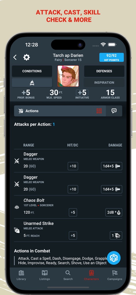 D&D Beyond - The app provides a clear combat interface, detailing character actions like melee attacks with damage rolls and displaying current conditions and defenses.